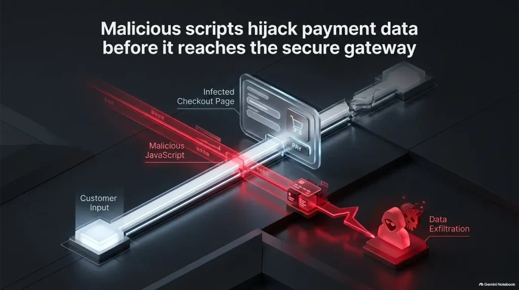 Conceptual example of malicious browser scripts intercepting payment inputs before gateway submission