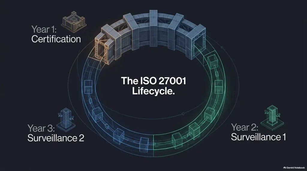 Illustrative certification cycle with initial certification followed by two surveillance visits; confirm dates with the certification body