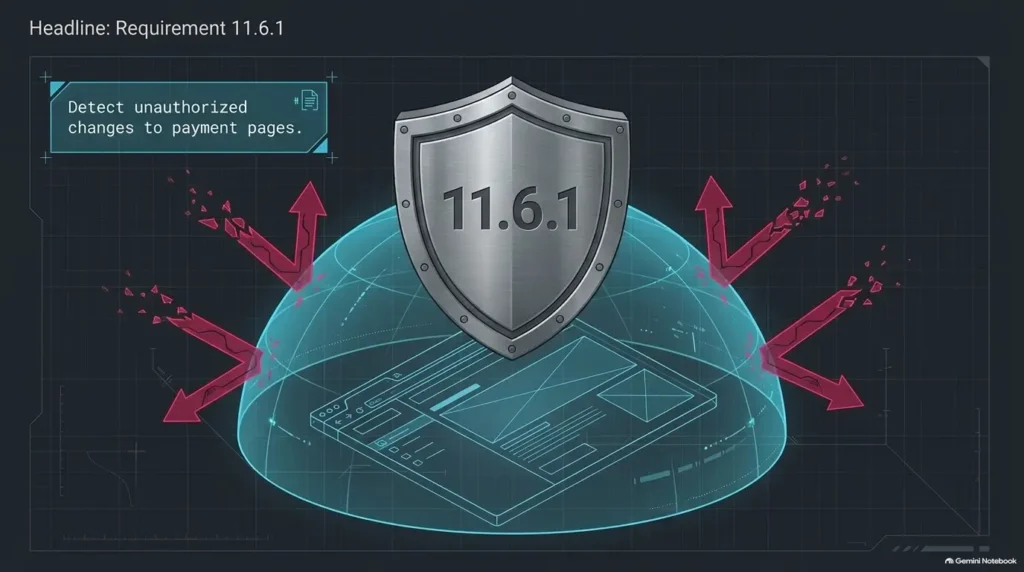 Conceptual illustration of detecting unauthorized payment-page changes; detection does not itself demonstrate blocking or complete coverage