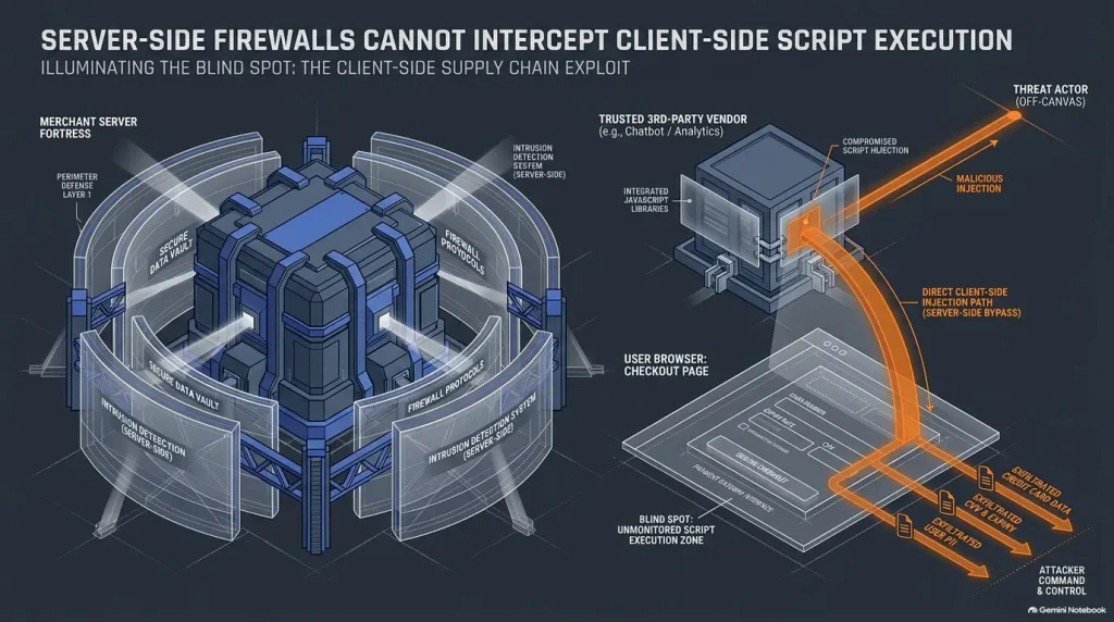 Conceptual diagram of browser-side script risks beyond server perimeter controls