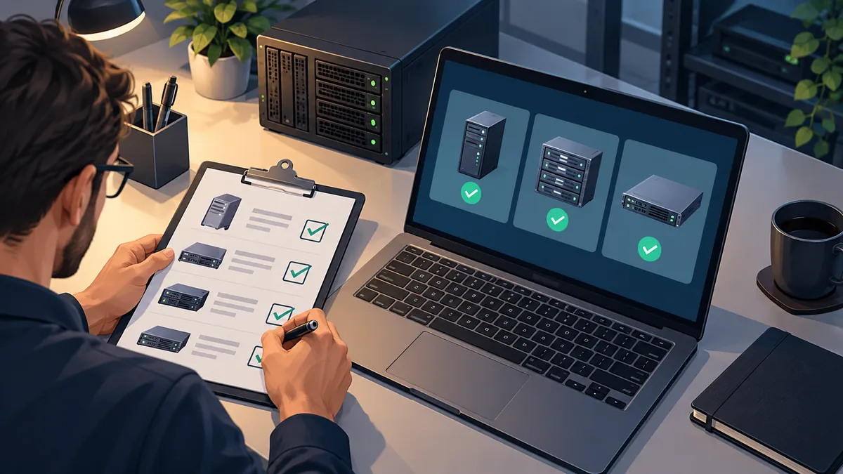 Administrator checking a server inventory and laptop before patching Atlassian instances