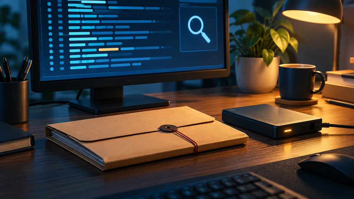 Log review monitor beside an evidence folder and backup drive for an Atlassian incident response