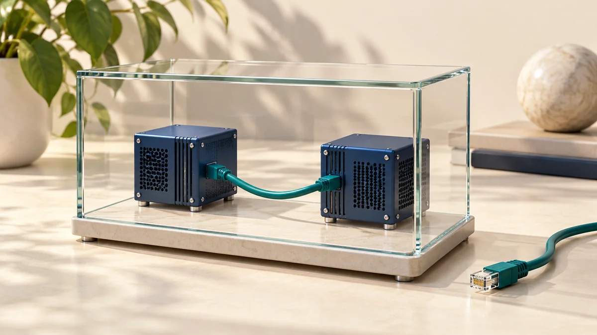 Two connected miniature computers inside a glass enclosure, with a disconnected cable outside