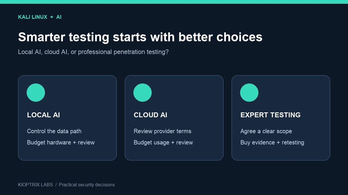 Kali Linux AI pentesting options comparing local AI, cloud AI, and expert testing