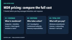 MDR pricing guide for small businesses comparing security coverage, response responsibilities, and total cost.