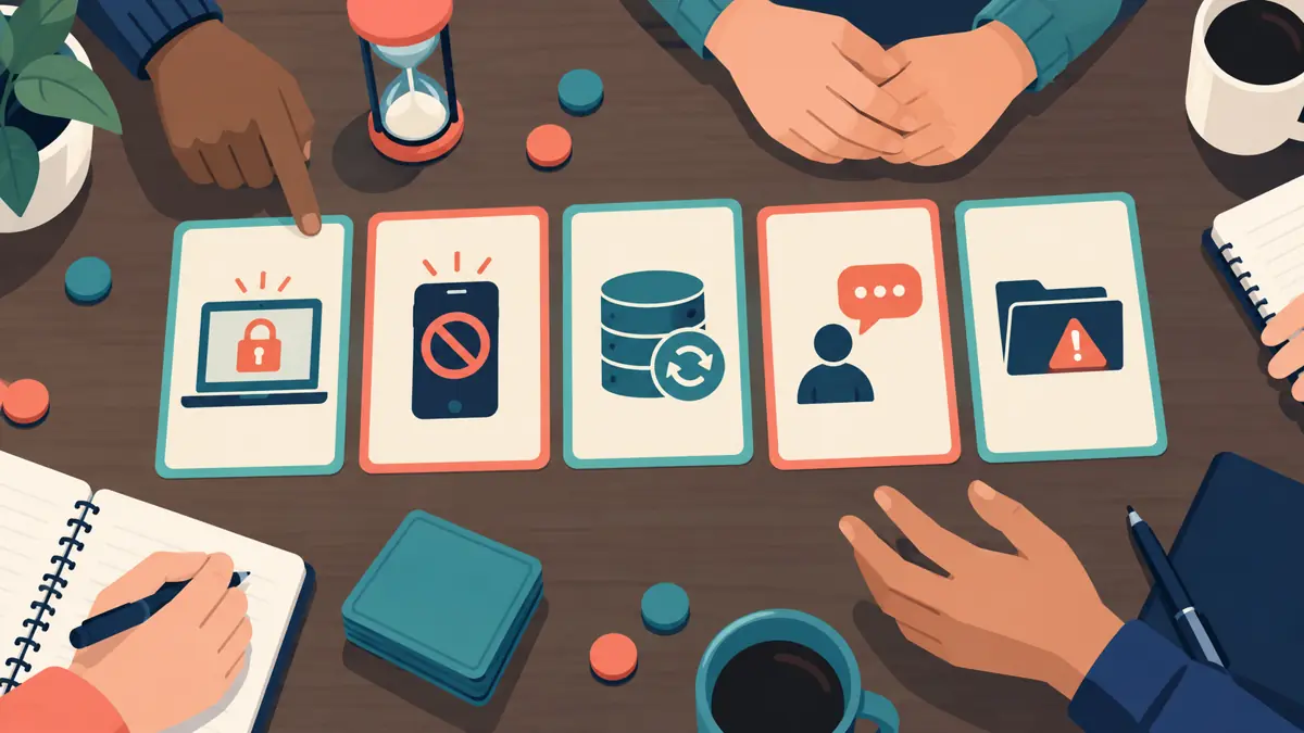 Five ransomware tabletop exercise cards show a locked laptop, missing contact, backup, customer question, and data warning