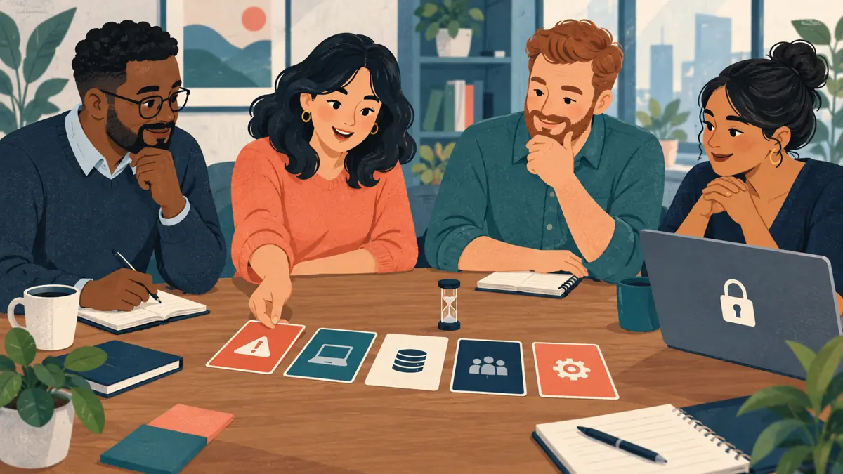 Four colleagues practice a ransomware tabletop exercise with scenario cards and a timer