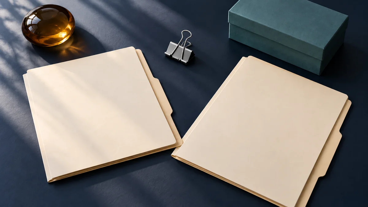 Two blank evidence folders beside an archival box and binder clip on a navy desk