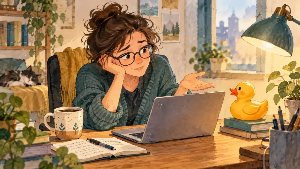 A programmer practices rubber duck debugging at a cozy desk beside a laptop and coffee.