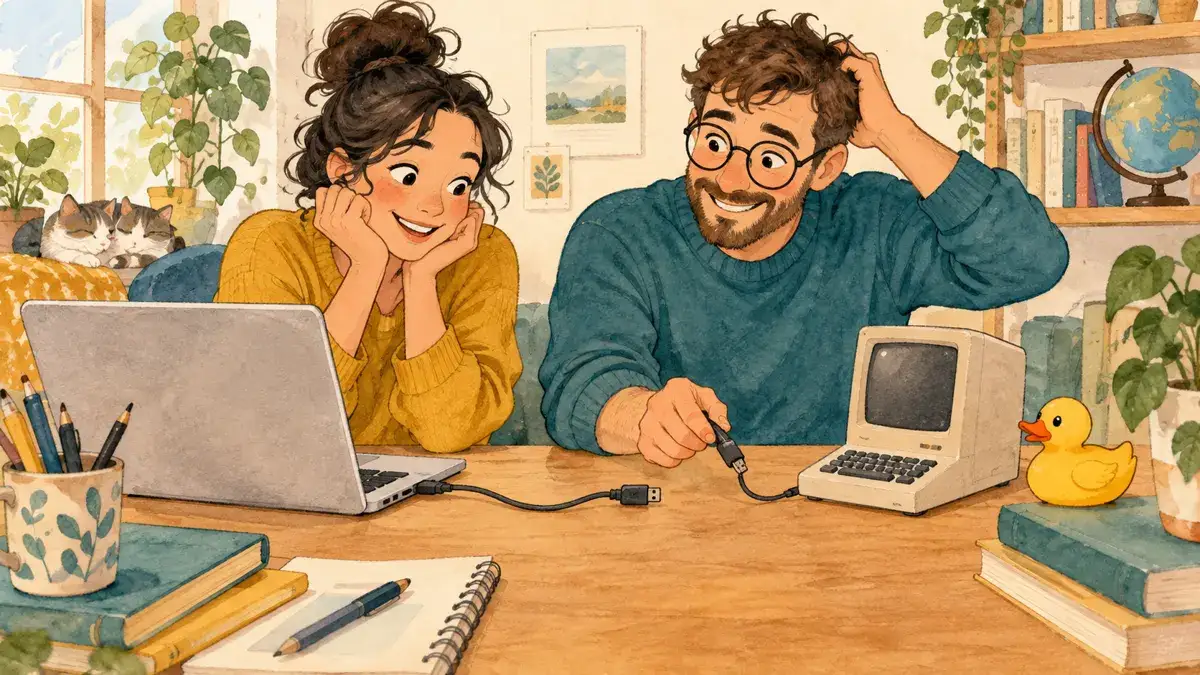 Two learners smile at a disconnected cable beside a laptop and a yellow rubber duck.