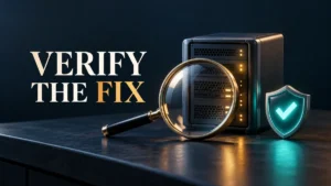 Vulnerability retesting concept with a server, magnifying glass, shield, and the words Verify the Fix